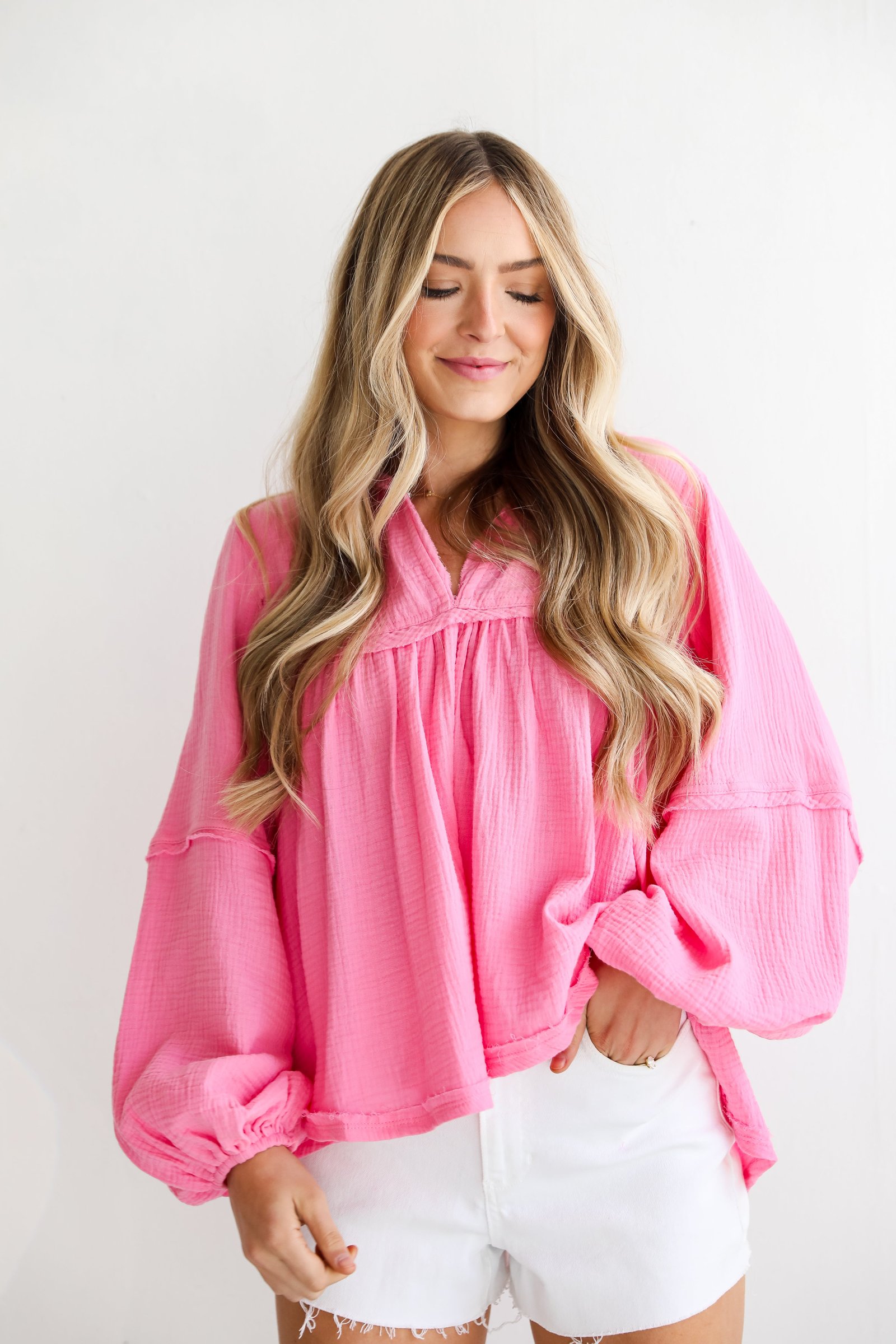 Abundant Radiance Pink Linen Babydoll Blouse MG16