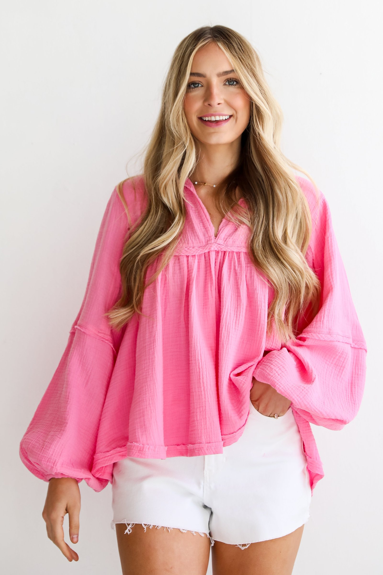 Abundant Radiance Pink Linen Babydoll Blouse MG16