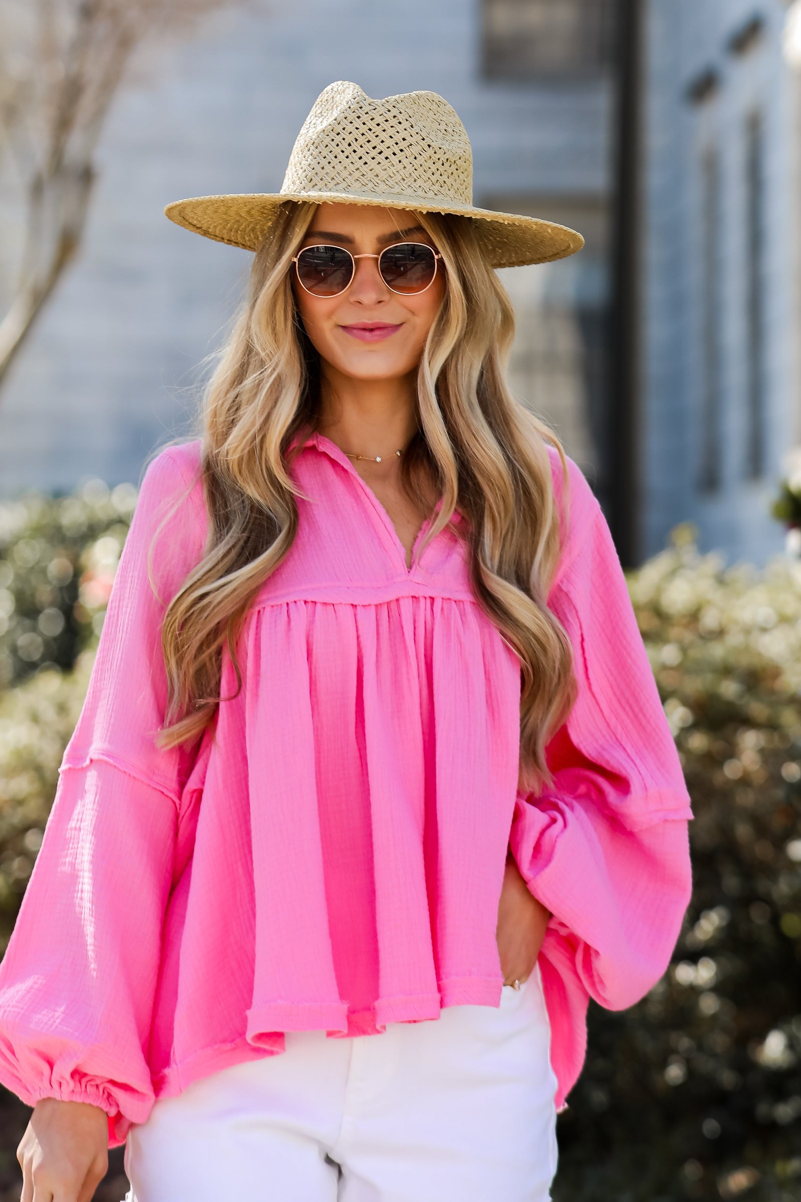 Abundant Radiance Pink Linen Babydoll Blouse MG16